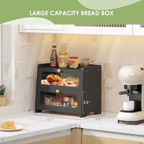 Black 2-Tier Double Layer Bread Box for Kitchen Countertop - Eco-Friendly Bamboo