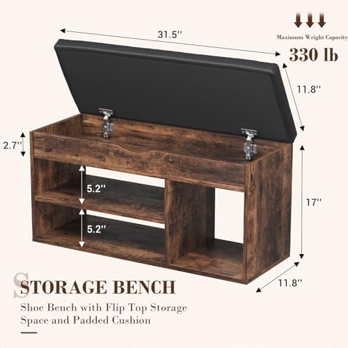 Brown 31.5-Inch Upholstered Entryway Shoe Storage Bench with Cushion