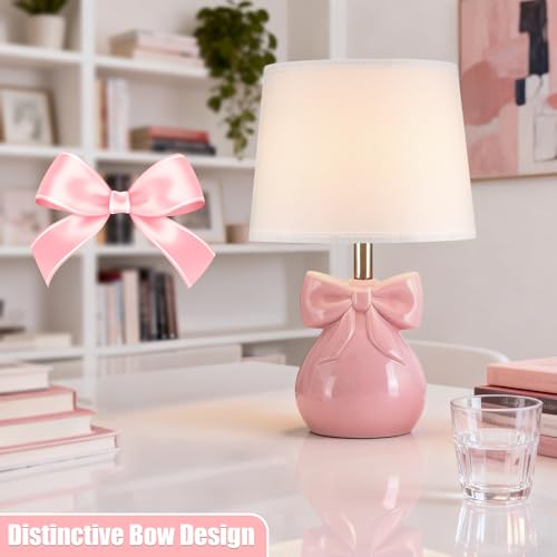 Pink 2 Pack 19-Inch Cute Bow Table Lamps Set for Girl's Room & Bedroom - Modern Ceramic Design