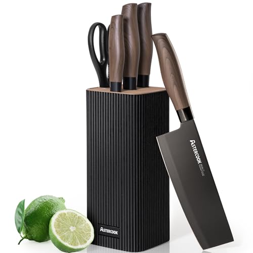 Astercook Black 6-Piece Kitchen Knife Set with Block - High Carbon Stainless Steel, Ultra Sharp, Dishwasher Safe