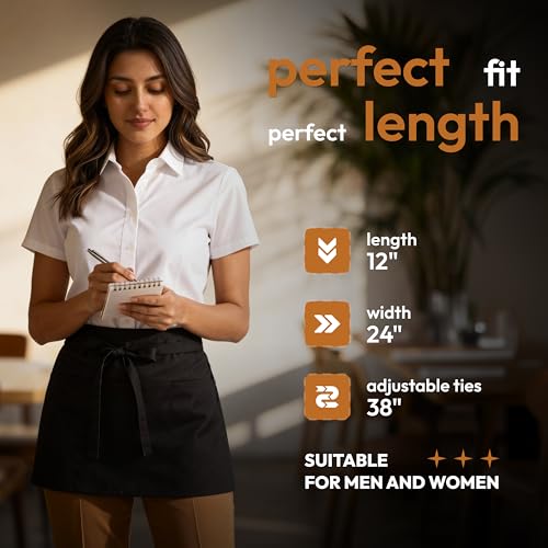 Black Waist Apron 12 Pack with 3 Pockets – Durable Commercial Server Aprons for Kitchen & Restaurant Use - Variation of THIS listing