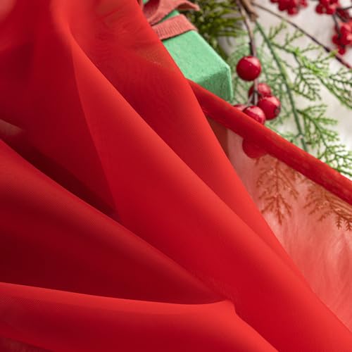 MIULEE Christmas Half Window Sheer Curtain Valance, Extra Wide Rod Pocket Voile Drape for Kitchen Cafe Bathroom Small Window One Panel 60 x 18 Inch Haute Red