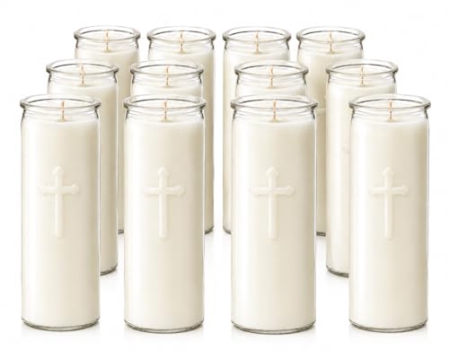 White 7-Day Soy Prayer Candles in Glass - 12 Pack, Unscented, 150-Hour Burn Time, Large Devotional Pillar for Religious Use - Variation of White / 12PCS