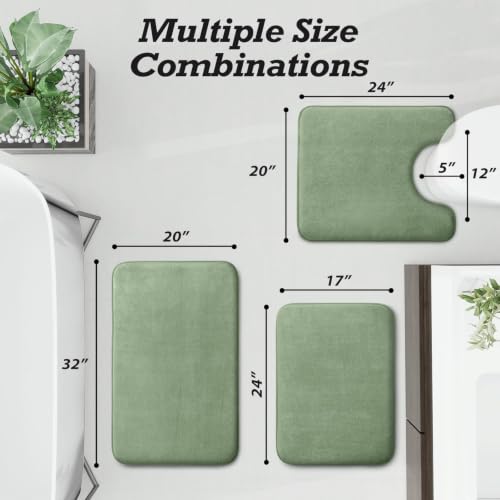 Bathroom Rugs Set 3 Pieces - Non-Slip Ultra Soft Velvet Bath Mat U-Shaped Contour Grey Green 17x24 + 20x24 + 20x32