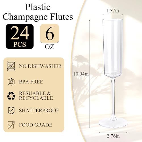 Ciaell 24 Pack 6 oz Clear Plastic Champagne Flutes for Weddings & Celebrations