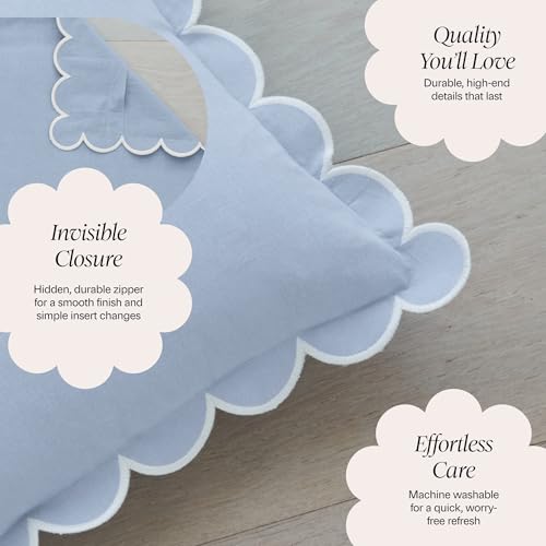 Scalloped Pillow Cover Set of 2 - 18x18 Cotton, Sky Blue & White - Elegant Home Decor