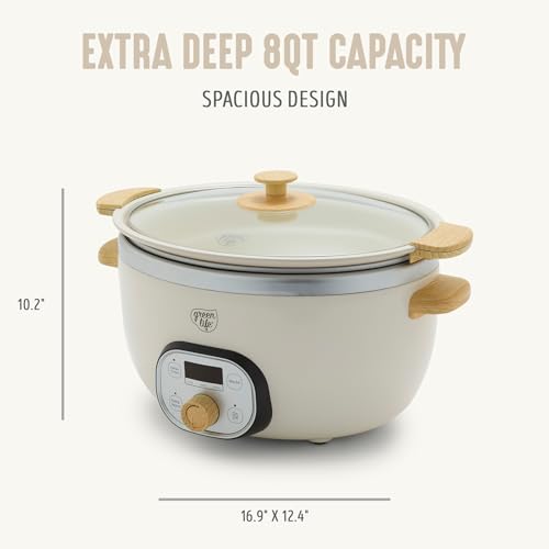 GreenLife 8 Quart Ceramic Nonstick Slow Cooker, Cream - Stovetop & Oven Safe