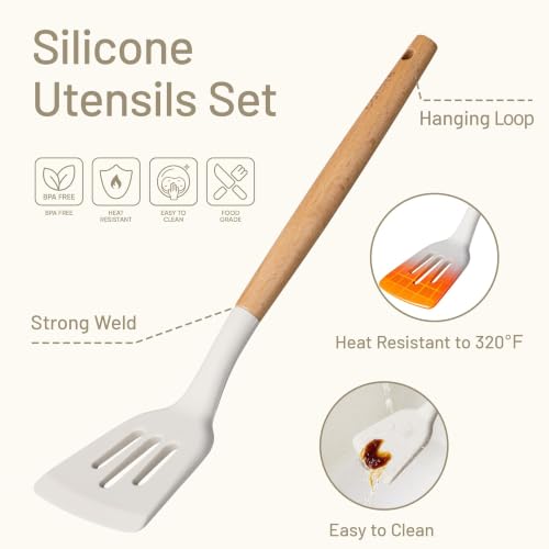 Kitchen Utensils Set with Wooden Handles - 10 Pieces Cream Food-Grade Silicone