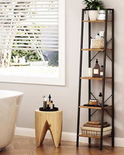 Rustic Brown Ladder Shelf - 5-Tier Freestanding Corner Bookshelf, 11.8"D x 13.4"W x 63"H