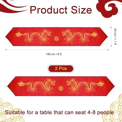 2 Pcs Chinese Dragon Printed Table Runner 13x72Inch China New Year Decorations Red Table Cover for Spring Festival Kitchen Dining Tables Decoration Asian Party Decoration