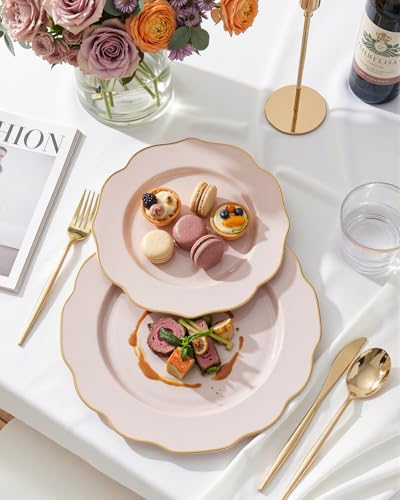 Pink and Gold Disposable Plastic Plates Set - 180 Pieces, Dinner & Dessert Includes Cutlery & Cups - Pink Gold