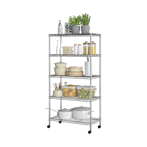 Plated Steel 5-Tier Wire Shelving Unit - 30" W x 14" D x 61.5" H, Adjustable Shelves, Mobile Design