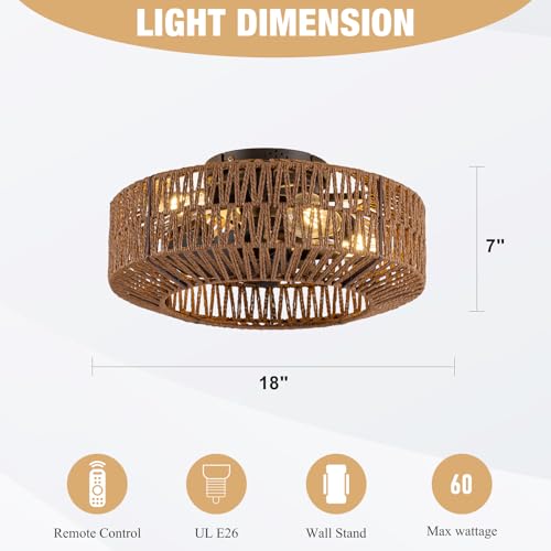 Dark Brown Rattan Ceiling Fan with Lights and Remote Control - Boho Fandelier 18 Inch