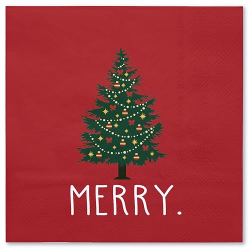 Wrapaholic 50 Pcs 3-Ply Christmas Napkins 6.5x6.5 Red with Tree & Merry
