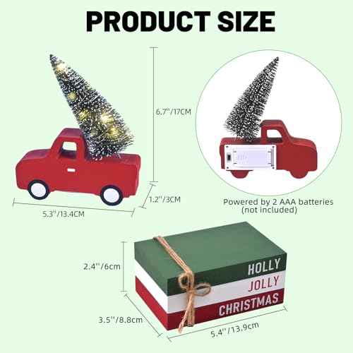 Christmas Decorations for Home, 4pcs Xmas Tiered Tray Decor with Wooden Red Truck, LED Lighted Tree & Book Stack, Rustic Christmas Table Centerpiece for Kitchen, Shelf, Office (4 pcs)