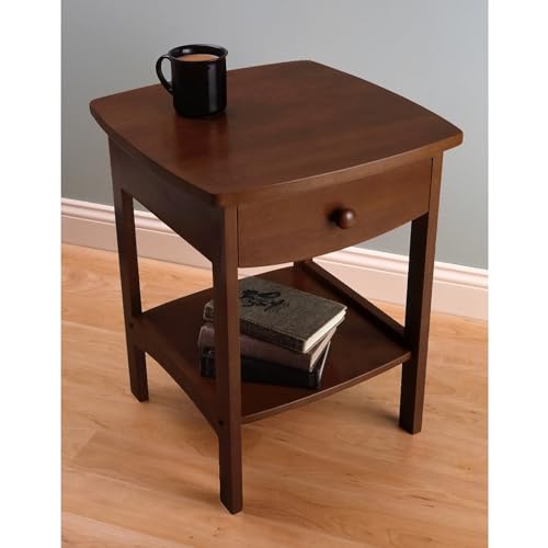 Wood Curved End Table Nightstand with Drawer - Brown, 22 x 18 x 18 Inches