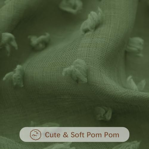 DANCURTON Olive Green Sheer Curtains 52x84 Inches Set of 2 Boho Pom Pom Window Treatments