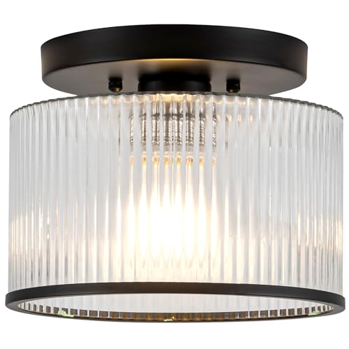 Zlepmlla Ceiling Light Fixture - Black2 Ribbed Glass Modern Flush Mount for Hallway Bedroom Bathroom Kitchen