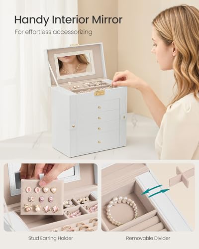 Jewelry Box Organizer 5 Tiers with Mirror & Lock - Cream White, 5-Layer
