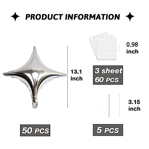 50Pcs 10 Inch Silver Star Foil Balloons Silver Star Mylar Balloon Kit with 60Pcs Balloon Glue Point and 5Pcs Straws for Birthday Baby Shower Engagement Anniversary Wedding Party Decoration