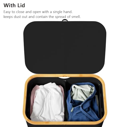 SpaceAid Double Laundry Hamper 2 Section with Lid - 160L Black Collapsible Basket with Bamboo Handles
