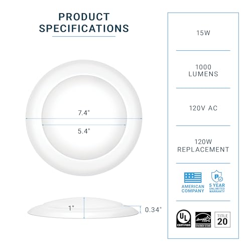 Day Light Dimmable 5/6 Inch LED Disk Light Surface Flush Mount 15W 1050lm UL Listed