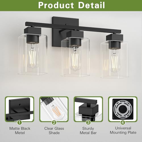 Black 3-Light Matte Vanity Light Fixture with Glass Shades - Over Mirror Bathroom Wall Sconce - UL Certified - Variation: Black / 3 Light