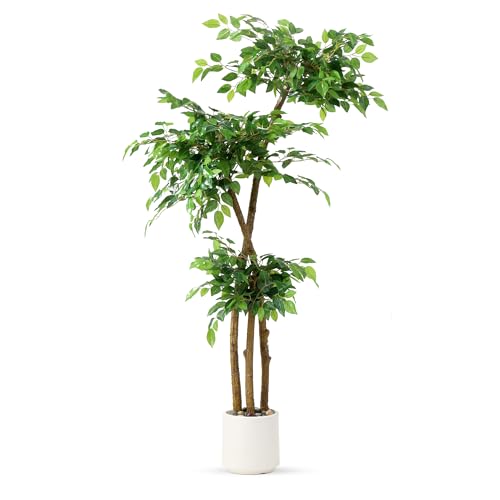 5FT Artificial Ficus Tree in White Planter with Moss & Pebbles - Realistic Home Decor