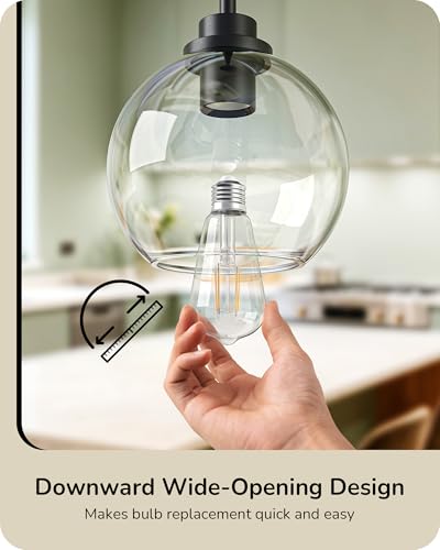 EDISHINE 2-Pack Pendant Lights for Kitchen Island, Clear Glass Globe, Black