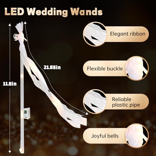 NURATIT 50 PCS Wedding Light Up Wands with Ribbons & Bells, Romantic Sparkle & 3 Light Modes
