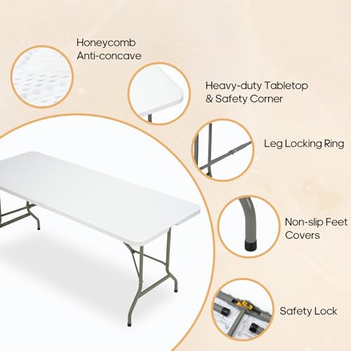GlowitLian 6ft White Heavy-Duty Folding Picnic Table - 500lbs Capacity, Portable Indoor & Outdoor Event Table