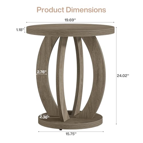 Round End Table with Storage - Rustic Grey Side Table, MDF, 23.6 Inch