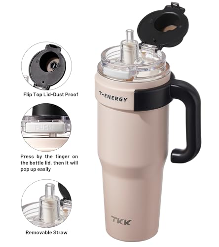 TKK 40 oz Pink Insulated Travel Mug with Handle & Straw – Double Wall Stainless Steel, Leak Proof, Wide Mouth Coffee Tumbler
