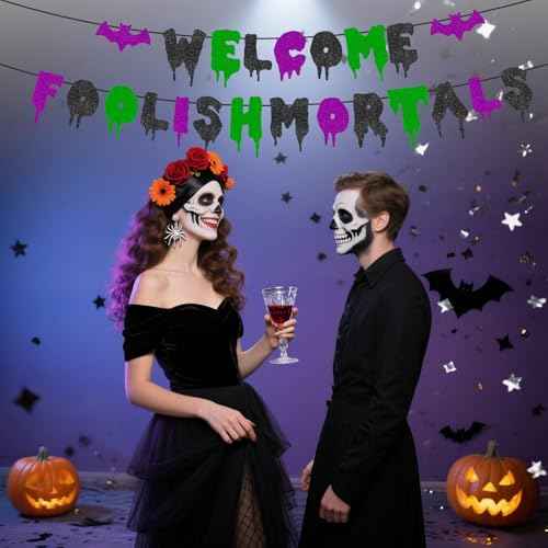 Welcome Foolish Mortals Banner NO DIY Pre-Strung Halloween Party Decoration Glitter Haunted Mansion Banner Halloween Party Banner with Bat for Home Wall Mantle Decor Party Haunted House Man Cave Birthday Christmas Gifts (Black Green Purple)
