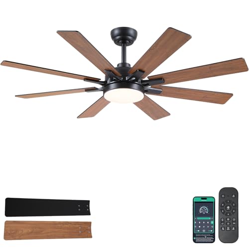 Kviflon 52 Inch Indoor Outdoor Ceiling Fan with Lights and 8 Wooden Blades - Brown / Remote & App Control