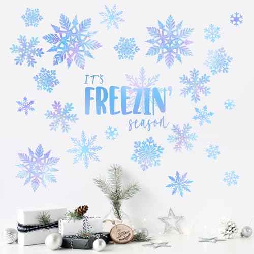Mfault Winter Blue Snowflake Wall Decals Stickers, It's Freezin' Season Snow Decorations Bedroom Art, Seasonal Christmas Home Kitchen Decor