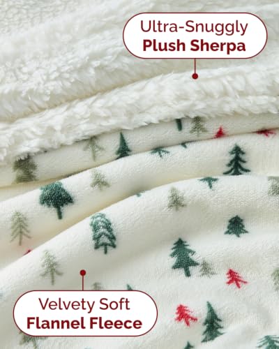 Christmas Sherpa Blanket Throw Size, Reversible - Trees, 50x60
