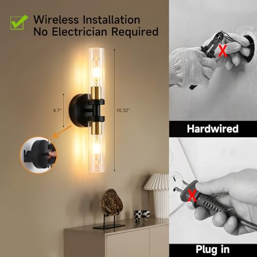 Black Gold Battery Operated Wall Sconce Set of 2 with 330° Rotation & Dimmable 3000K-6000K Bulbs Included