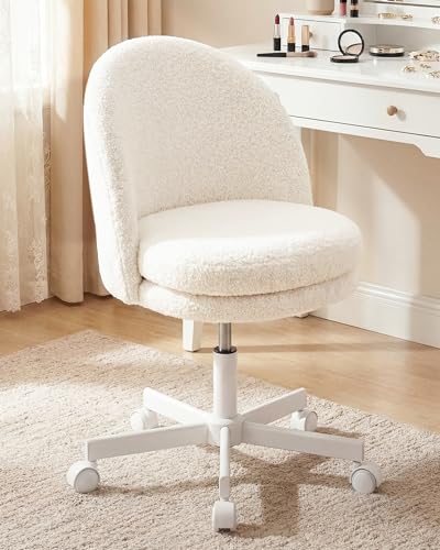 TV Cream Small Teddy Velvet Vanity Chair with Back & Bow Pillow - Adjustable Office Stool