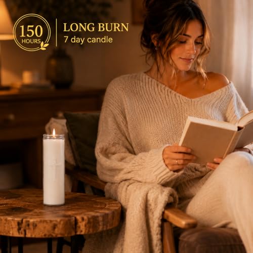 White 7-Day Soy Prayer Candles in Glass - 12 Pack, Unscented, 150-Hour Burn Time, Large Devotional Pillar for Religious Use - Variation of White / 12PCS