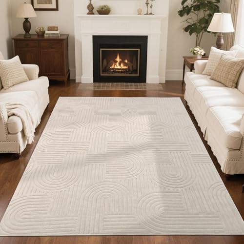 Beige 6'x9' Fluffy Geometric Area Rug with High-Low Pile - Non Slip Washable Modern Scandinavian Carpet for Living Room Bedroom