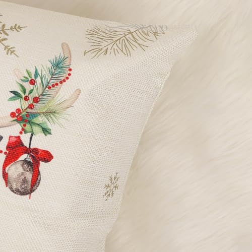 Bonhause Christmas Throw Pillow Covers 18x18 Inch Reindeer Xmas Tree Truck Gloves Red Winter Holiday Decorative Polyester Linen Cushion Cases for Outdoor Sofa Couch Decor Set of 4