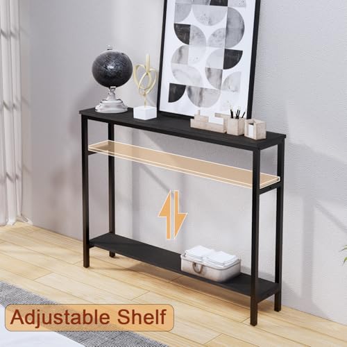 Black Narrow Console Table with Adjustable Shelf - 39.4 Inch Sofa Entry Table