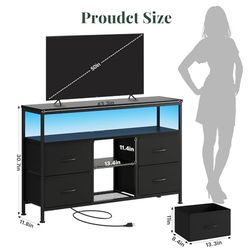 LED TV Stand with Charging Station for 50 Inch TVs - Black, 43.3x11.8x30.7 Inch
