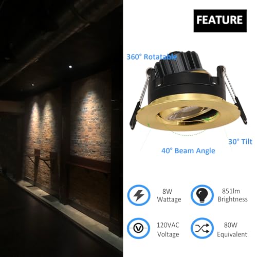 3 Inch Gimbal LED Recessed Lights 6 Pack - Adjustable Downlight, Gold - Variation of THIS listing