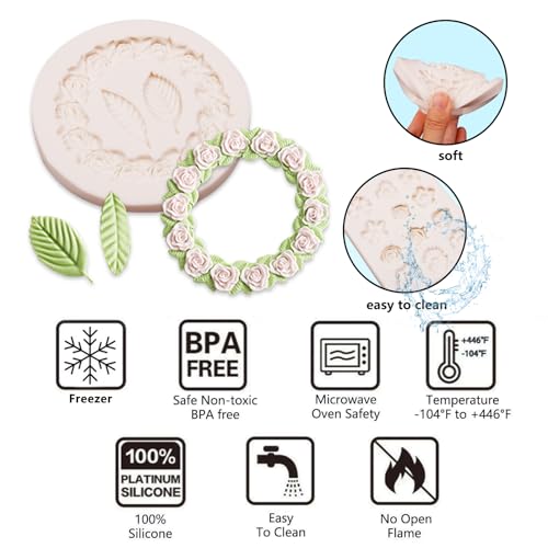 Mini Flowers Chocolate Molds Silicone, 4 Packs Rose Wreath with Leaves Relief Fondant Molds for Cake Decoration, Cupcake Toppers, Sugar Craft, Polymer Clay Resin