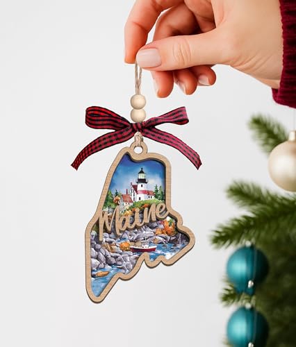 Maine State Wooden Christmas Ornament - Laser-Cut Rustic Holiday Decor & Keepsake