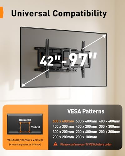 Full Motion TV Wall Mount for 42-97 Inch TVs Up to 132 lbs with 24" Wood Stud Compatibility - Perlegear