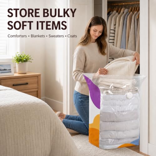 XL No-Pump Vacuum Storage Bags 5 Pack - Space Saver for Comforters, Bedding, Clothes