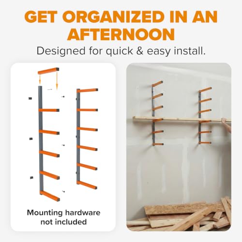 BORA 6-Level Wall Mount Lumber & Wood Storage Rack - Orange & Gray Organizer
